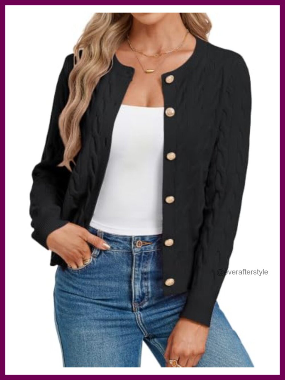 Women Button Up Cable Knit Cardigan Sweater Crew Neck Fall Layering